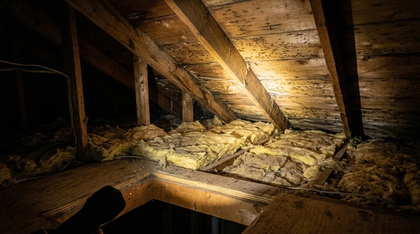 Mould spotting on wood attic roof sheathing between rafters above disturbed batt insulation