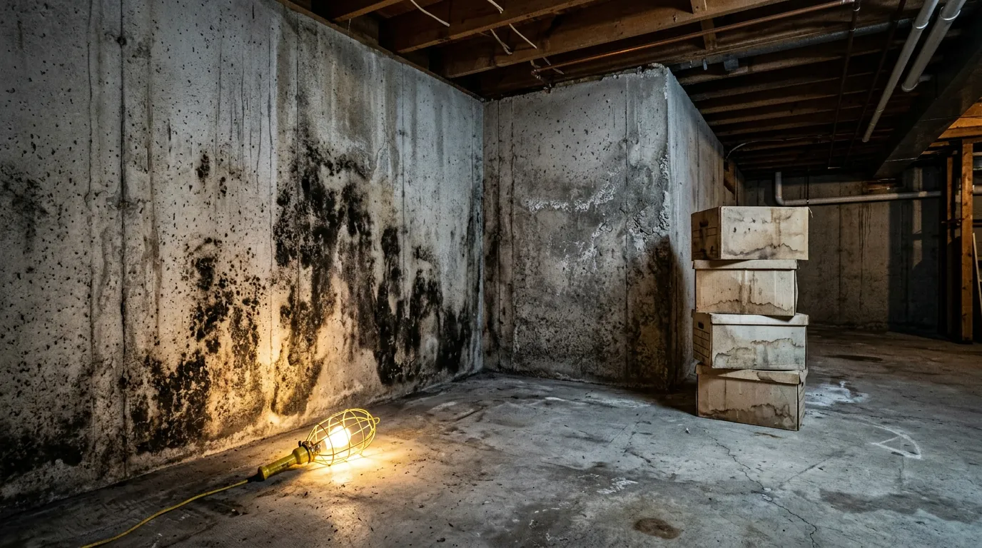 Dark mould staining climbing a bare concrete foundation wall in an unfinished Lethbridge basement