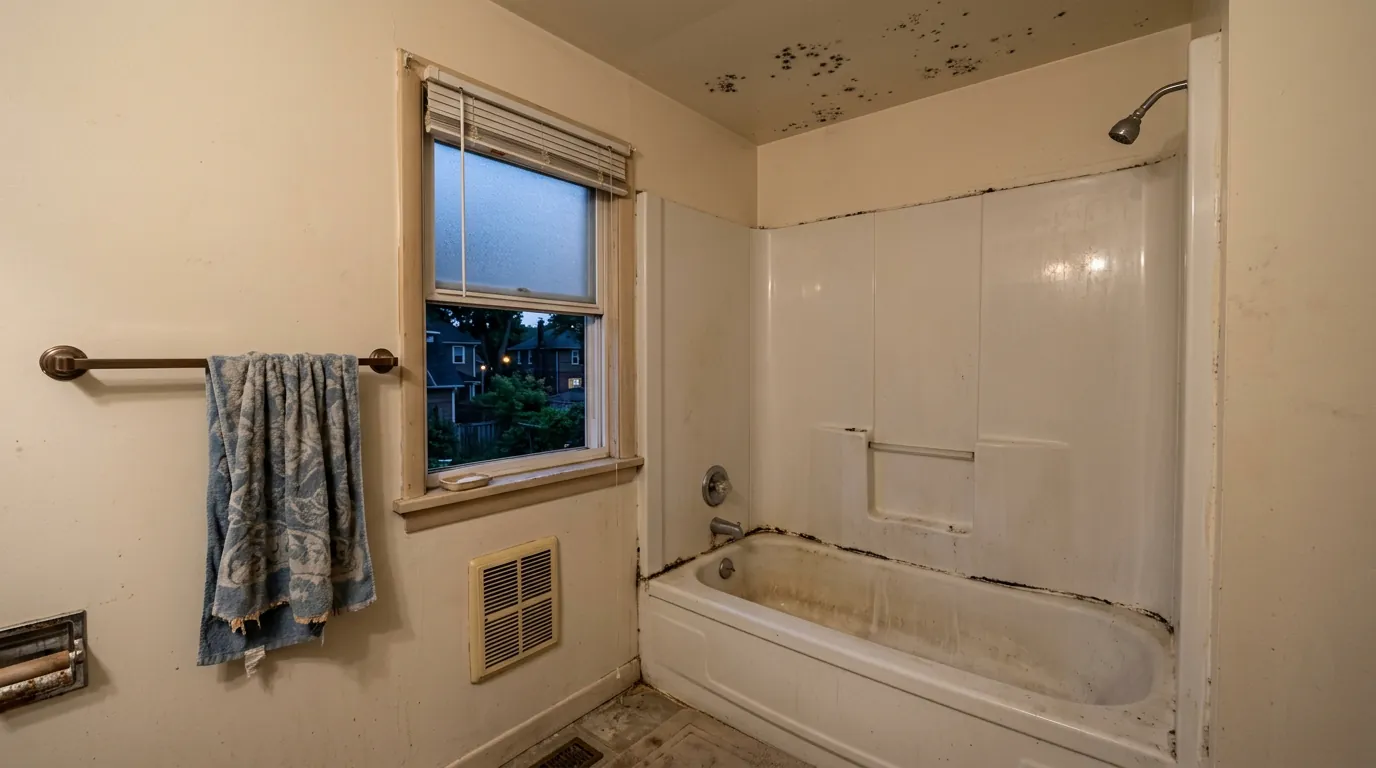 Mould spotting across a bathroom ceiling and along tub-surround seams in an older Lethbridge bathroom