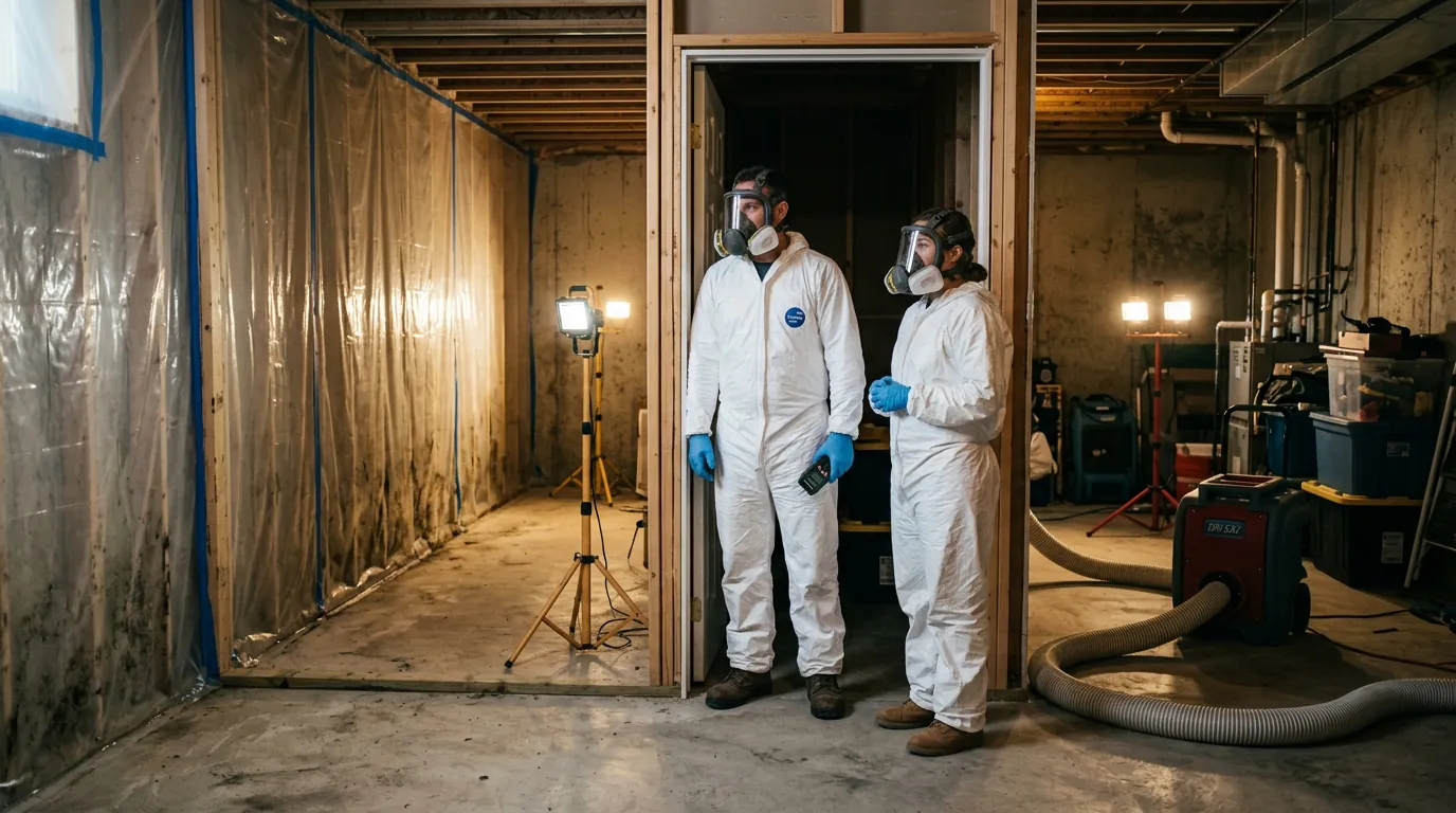 Restoration technicians in protective coveralls working at the edge of sealed plastic containment during a Lethbridge mould removal project