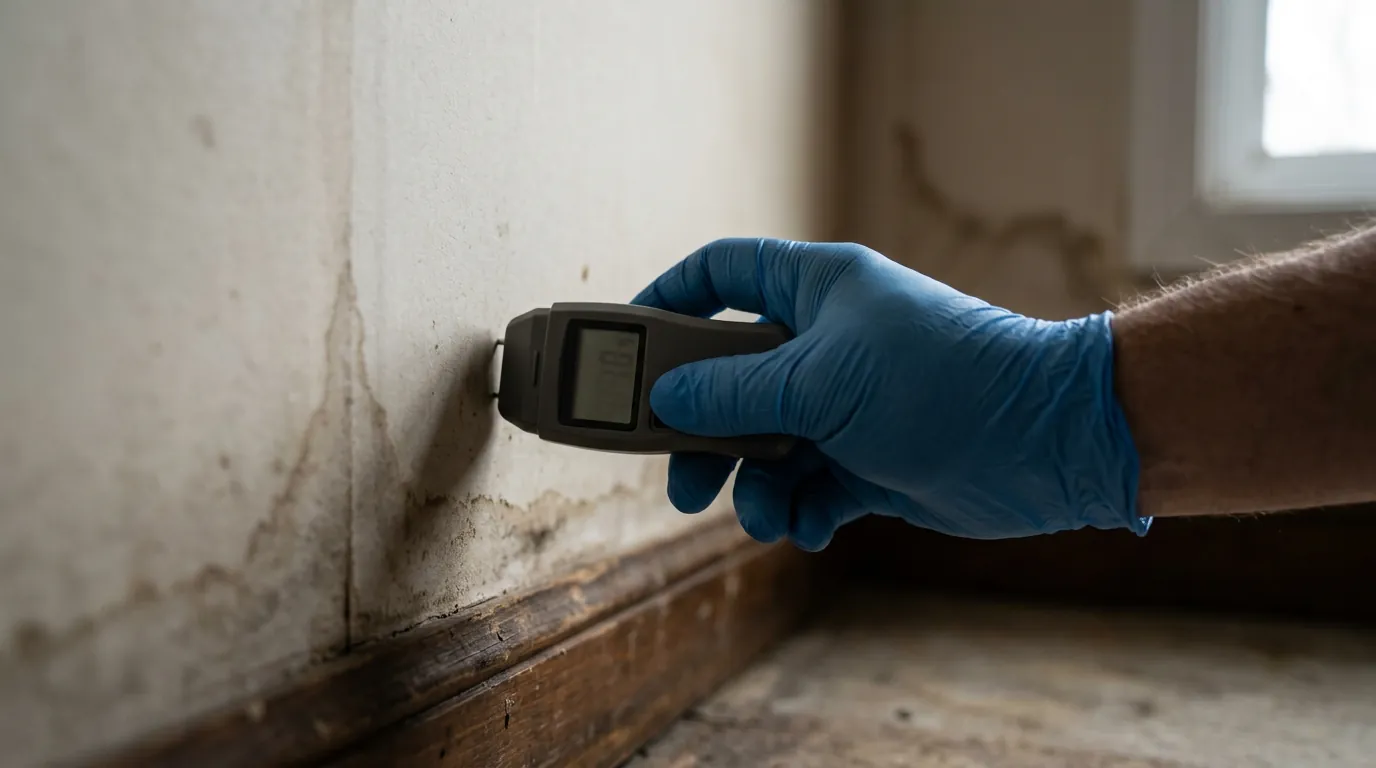 Gloved technician taking a pinless moisture meter reading on a stained interior wall during a Lethbridge mould inspection