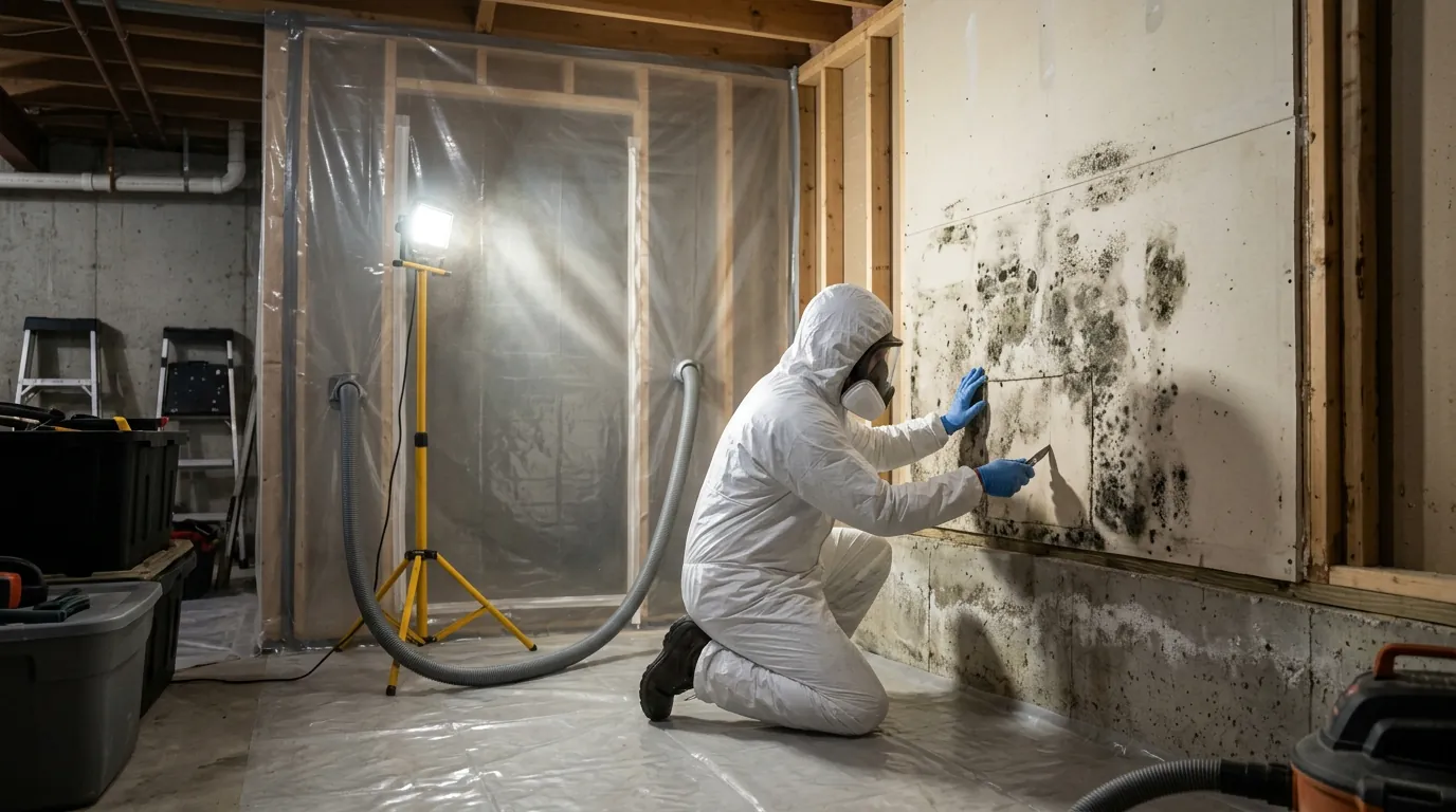Removal technician cutting out mould-damaged drywall behind sealed plastic containment on a Lethbridge project
